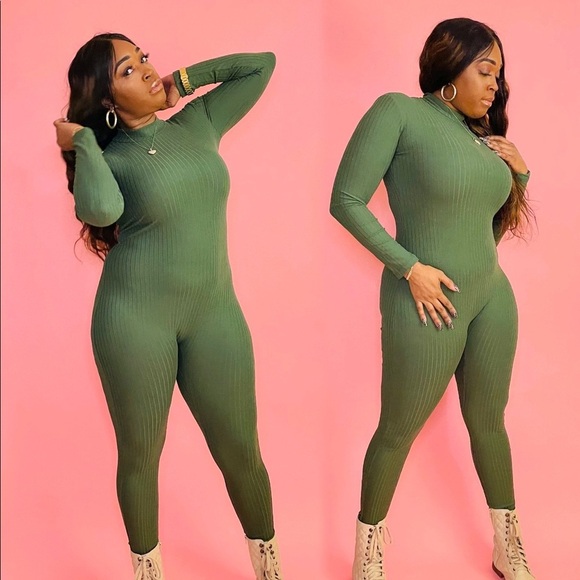 OLIVE RIBBED MOCK NECK LONG SLEEVE JUMPSUIT ROMPER - Picture 4 of 9